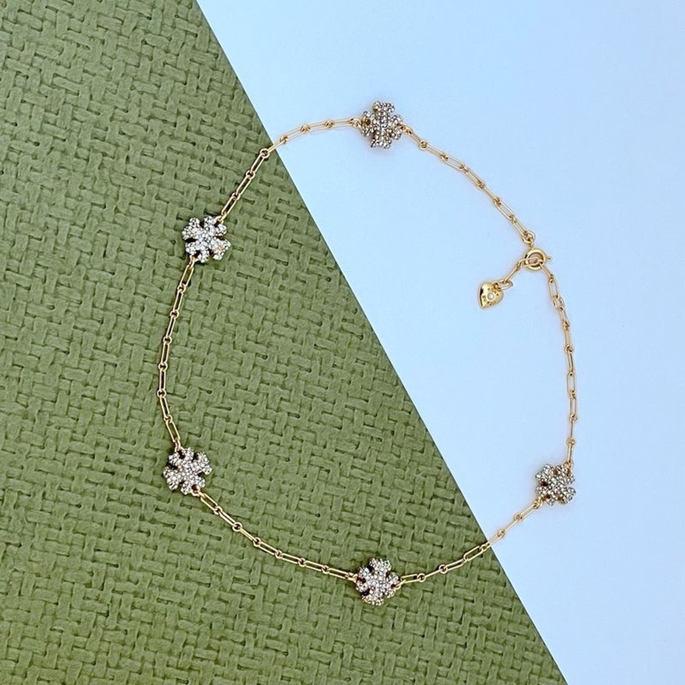 Tory Burch Gold Tone Rhinestone Multi Logo Adjustable Necklace NWT